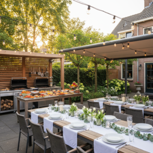 Overzichtelijk ingerichte achtertuin met aparte barbecuezone, buffet en gedekte tafels voor 24 gasten.